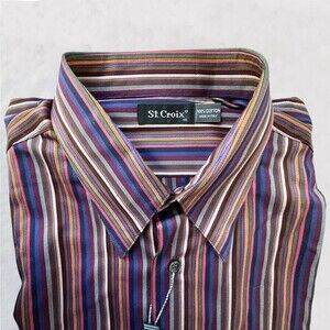 St Croix Striped Dress Shirt Men's XL Purple Brown Orange Long Sleeve Cotton